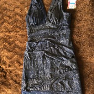 Navy and gold sparkled bandage low cut dress